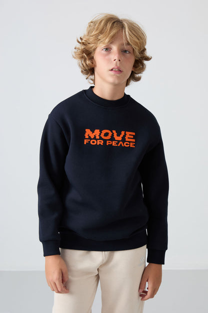 Navy Blue Cotton Thick Fleece-Lined Soft Textured Standard Fit Printed Boys' Sweatshirt - 11216