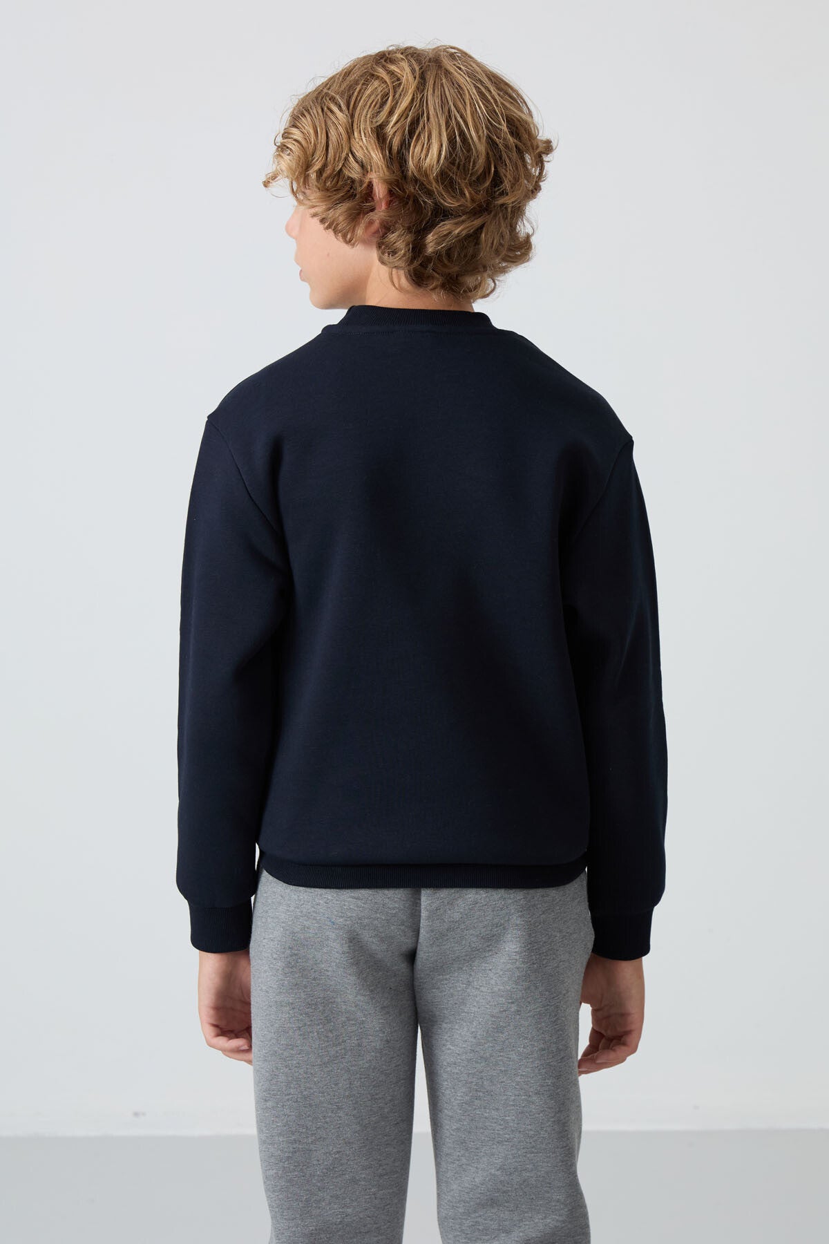 Navy Blue Cotton Thick Fleece-Lined Soft Texture Standard Fit Embroidered Boys' Sweatshirt - 11232