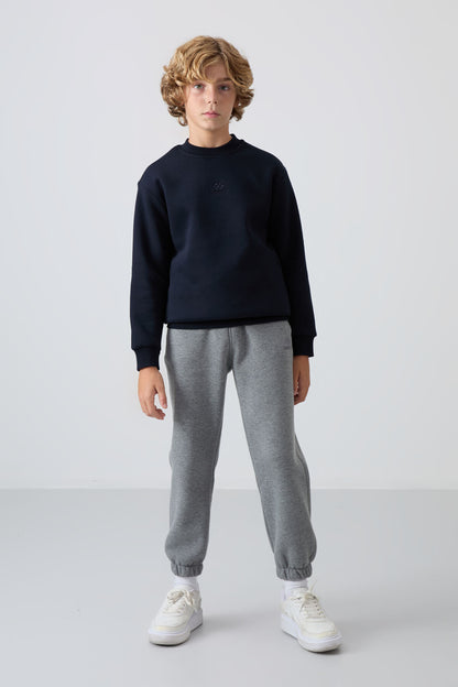 Navy Blue Cotton Thick Fleece-Lined Soft Texture Standard Fit Embroidered Boys' Sweatshirt - 11232