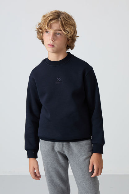 Navy Blue Cotton Thick Fleece-Lined Soft Texture Standard Fit Embroidered Boys' Sweatshirt - 11232