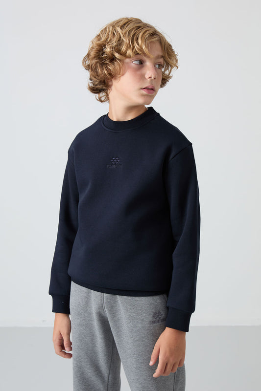 Navy Blue Cotton Thick Fleece-Lined Soft Texture Standard Fit Embroidered Boys' Sweatshirt - 11232