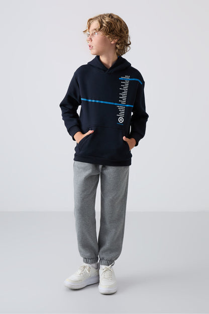 Navy Blue Cotton Thick Fleece-Lined Soft Textured Standard Fit Printed Boys' Sweatshirt - 11239
