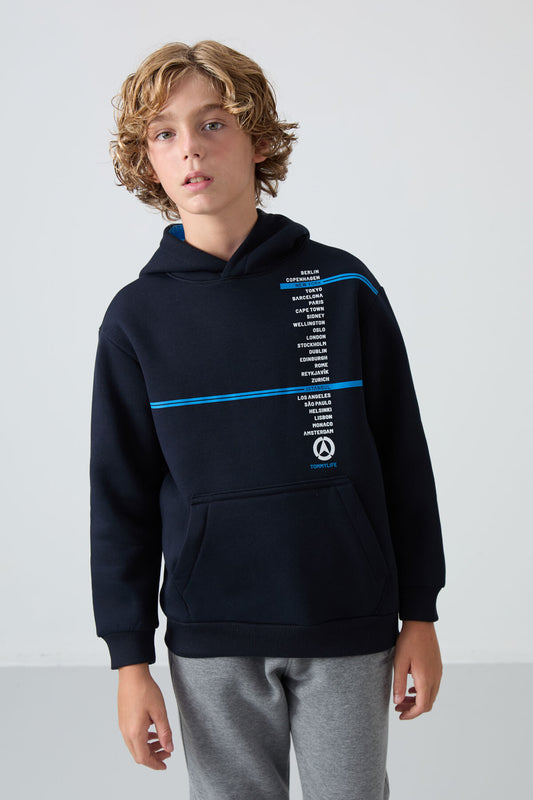 Navy Blue Cotton Thick Fleece-Lined Soft Textured Standard Fit Printed Boys' Sweatshirt - 11239