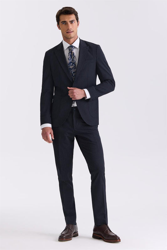 Navy Slim Fit Sharp Collar Stretch Striped Jogger Suit