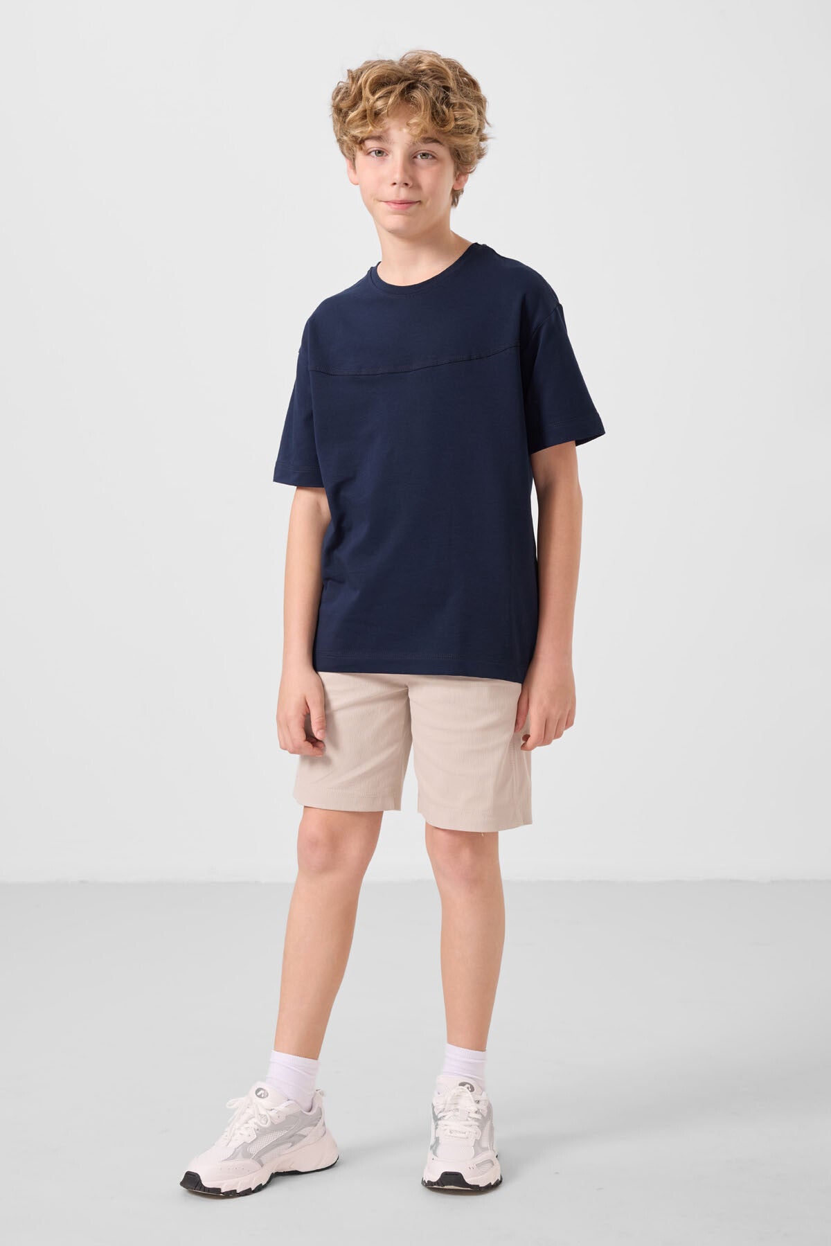 Lacivert-Stone Cotton Oversize Fit Weaving Lightweight Flexible Chino Shorts Set - 11279