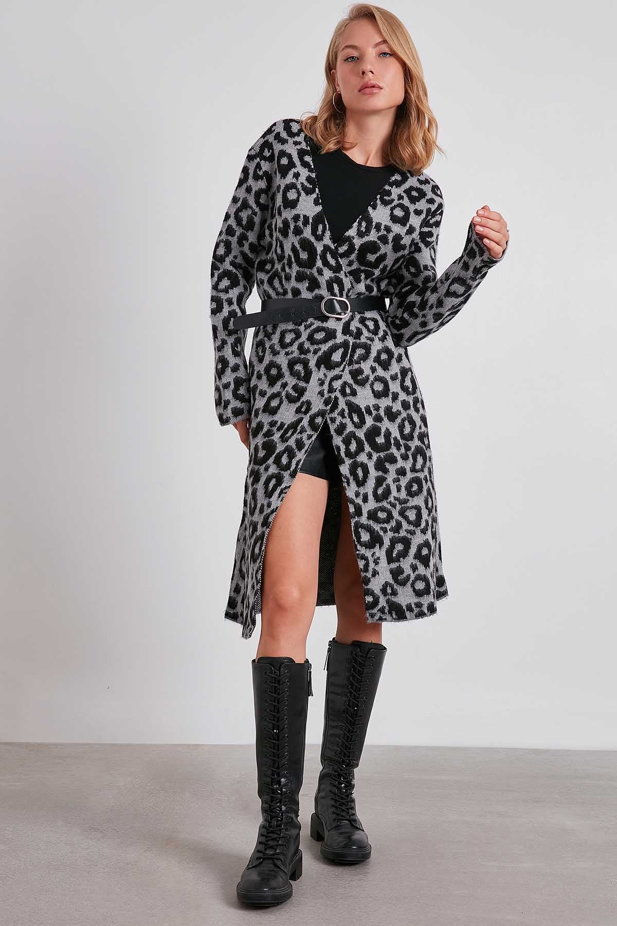 LEOPARD PATTERN LONG KNITTED CARDIGAN