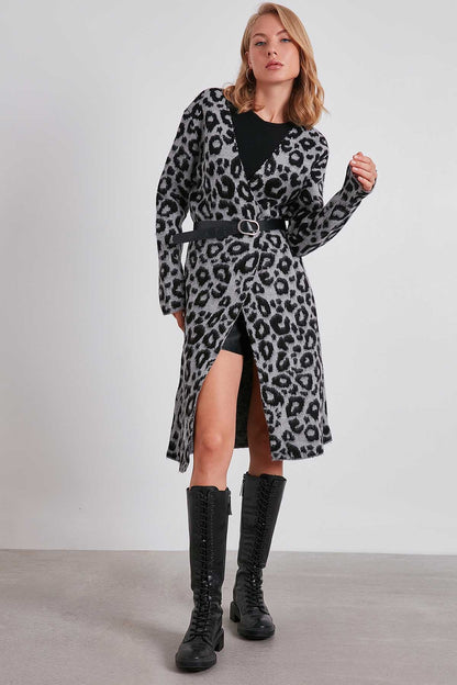 LEOPARD PATTERN LONG KNITTED CARDIGAN