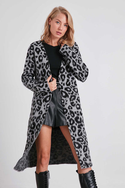 LEOPARD PATTERN LONG KNITTED CARDIGAN