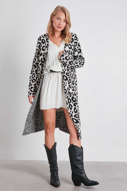 LEOPARD PATTERN LONG KNITTED CARDIGAN