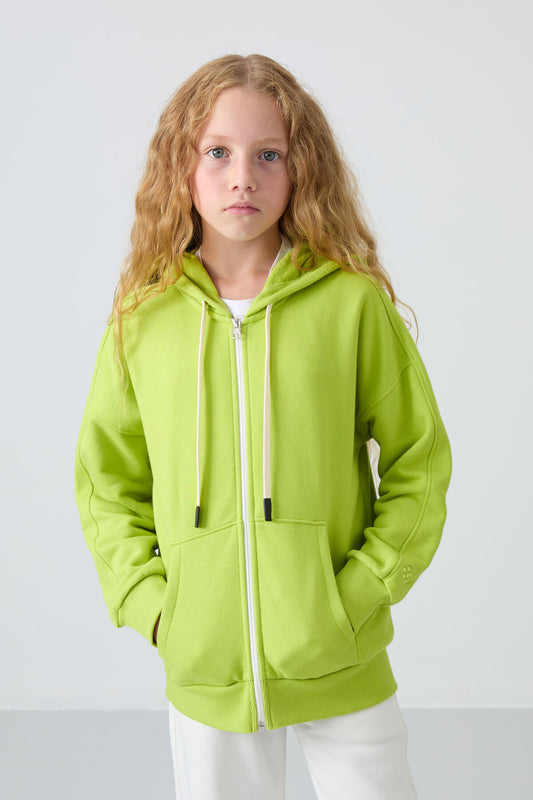 Lime Green Cotton Fleece-Lined Soft Textured Standard Fit Embroidered Girl's Sweatshirt - 75149