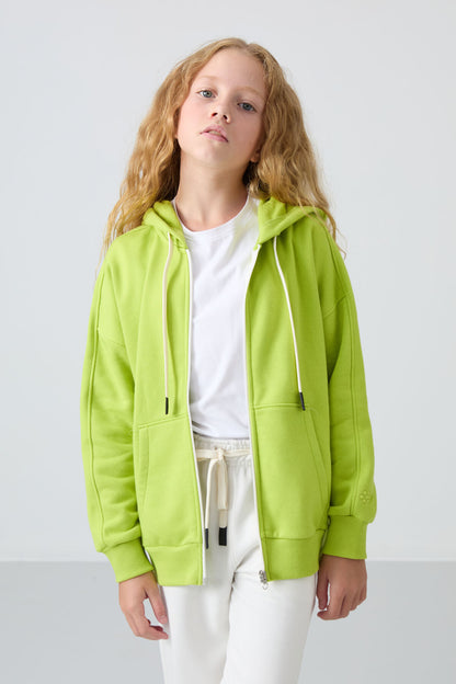 Lime Green Cotton Fleece-Lined Soft Textured Standard Fit Embroidered Girl's Sweatshirt - 75149