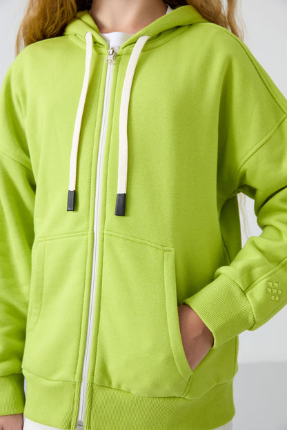 Lime Green Cotton Fleece-Lined Soft Textured Standard Fit Embroidered Girl's Sweatshirt - 75149
