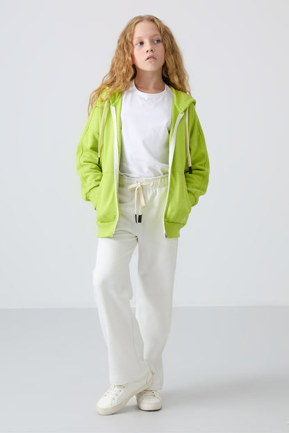 Lime Green Cotton Fleece-Lined Soft Textured Standard Fit Embroidered Girl's Sweatshirt - 75149