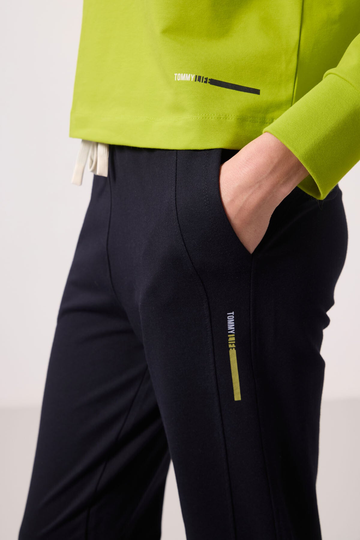 Lime Green-Navy Blue Oversized Women's Hooded Tracksuit Set - 95336