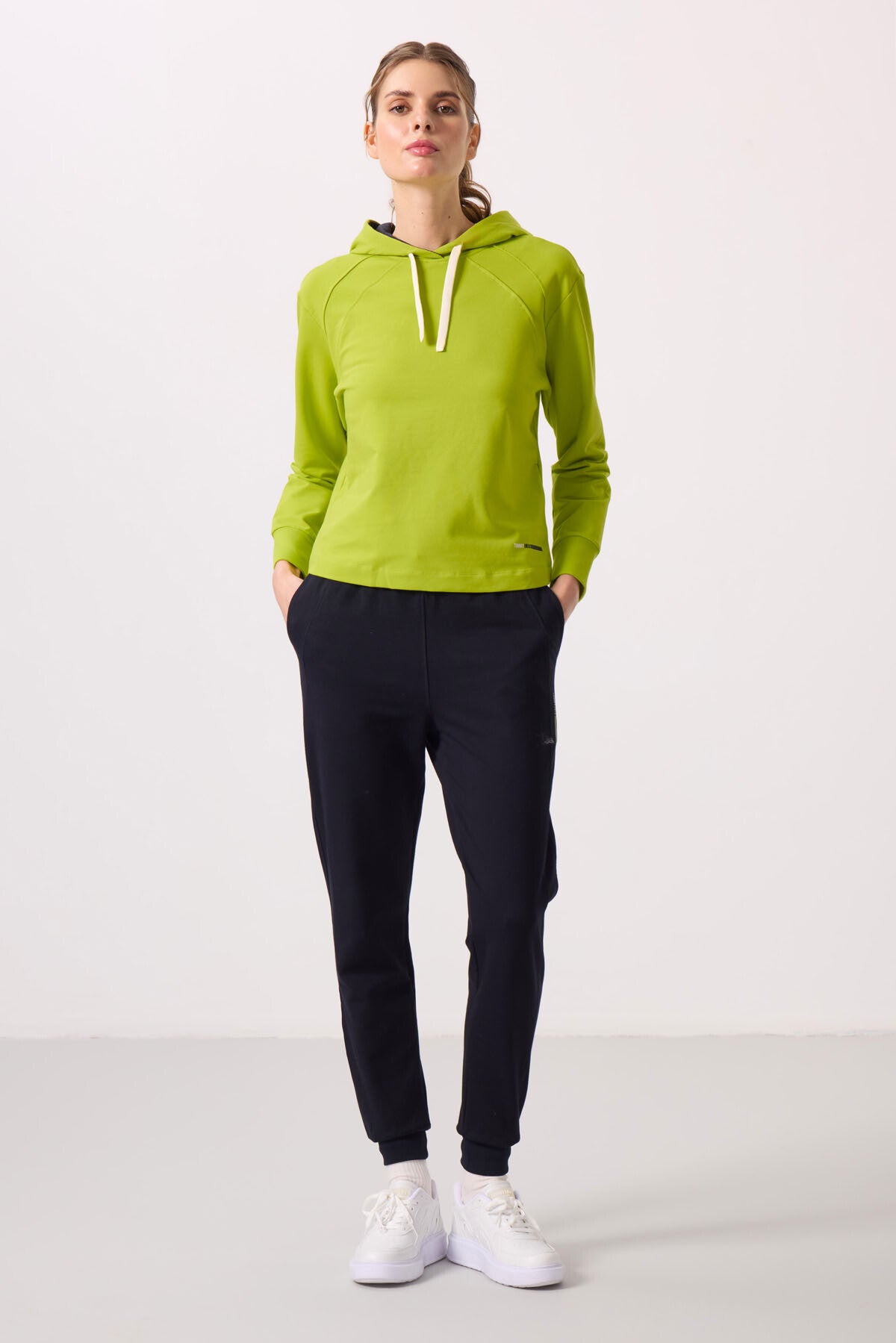 Lime Green-Navy Blue Oversized Women's Hooded Tracksuit Set - 95336