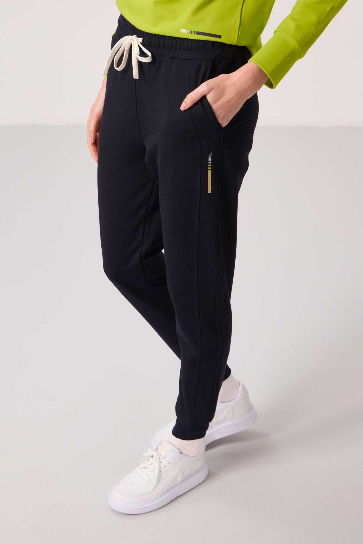 Lime Green-Navy Blue Oversized Women's Hooded Tracksuit Set - 95336