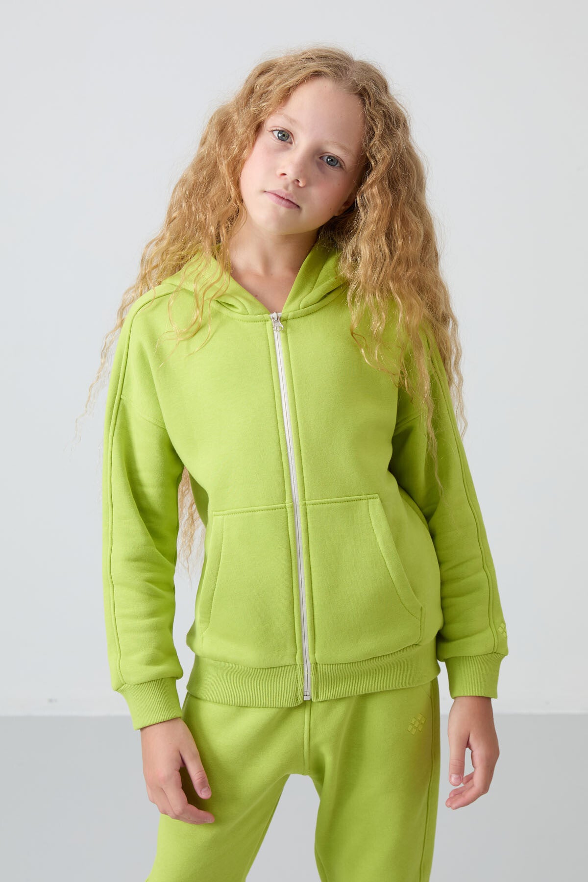 Lime Green Cotton Fleece-Lined Soft Textured Standard Fit Embroidered Girls' Tracksuit Set - 75148