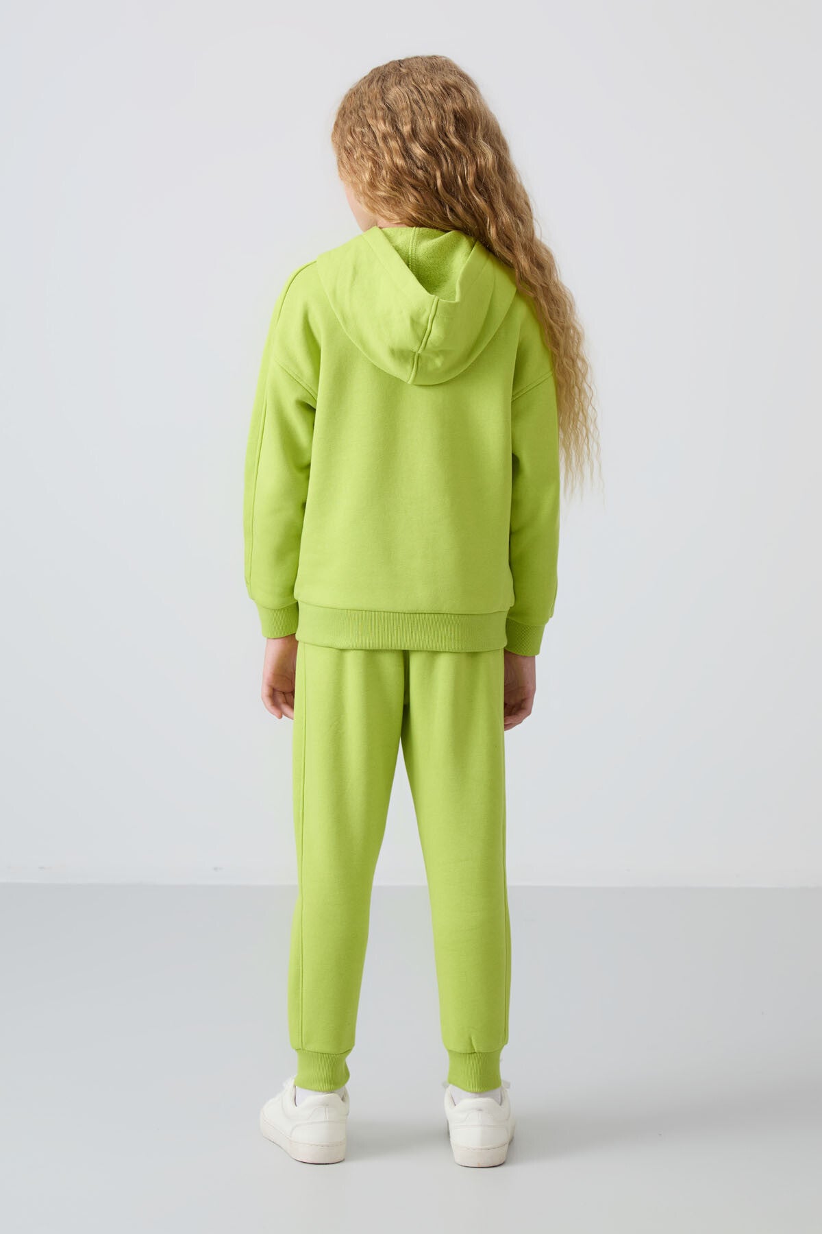 Lime Green Cotton Fleece-Lined Soft Textured Standard Fit Embroidered Girls' Tracksuit Set - 75148