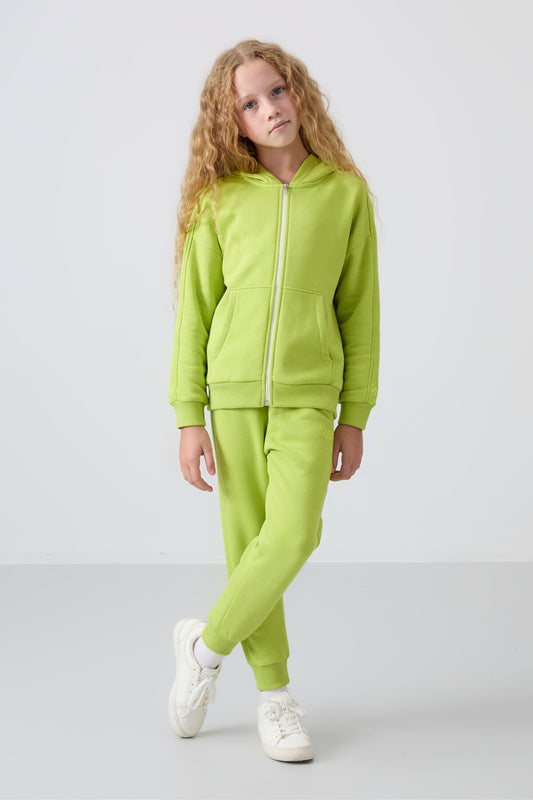 Lime Green Cotton Fleece-Lined Soft Textured Standard Fit Embroidered Girls' Tracksuit Set - 75148