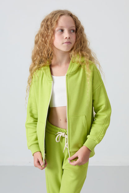 Lime Green Cotton Fleece-Lined Soft Textured Standard Fit Embroidered Girls' Tracksuit Set - 75148