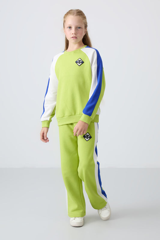 Lime Green Cotton Fleece-Lined Soft Textured Standard Fit Printed Girls' Tracksuit Set - 75165