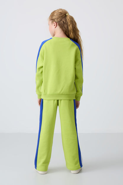 Lime Green Cotton Fleece-Lined Soft Textured Standard Fit Printed Girls' Tracksuit Set - 75165