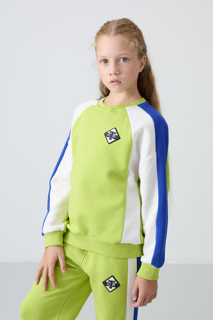 Lime Green Cotton Fleece-Lined Soft Textured Standard Fit Printed Girls' Tracksuit Set - 75165