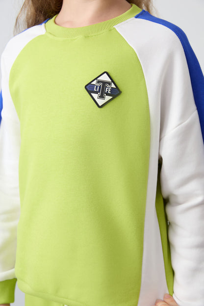Lime Green Cotton Fleece-Lined Soft Textured Standard Fit Printed Girls' Tracksuit Set - 75165