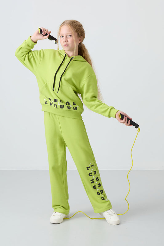 Lime Green Cotton Fleece-Lined Soft Textured Oversize Printed Girls' Tracksuit Set - 75147