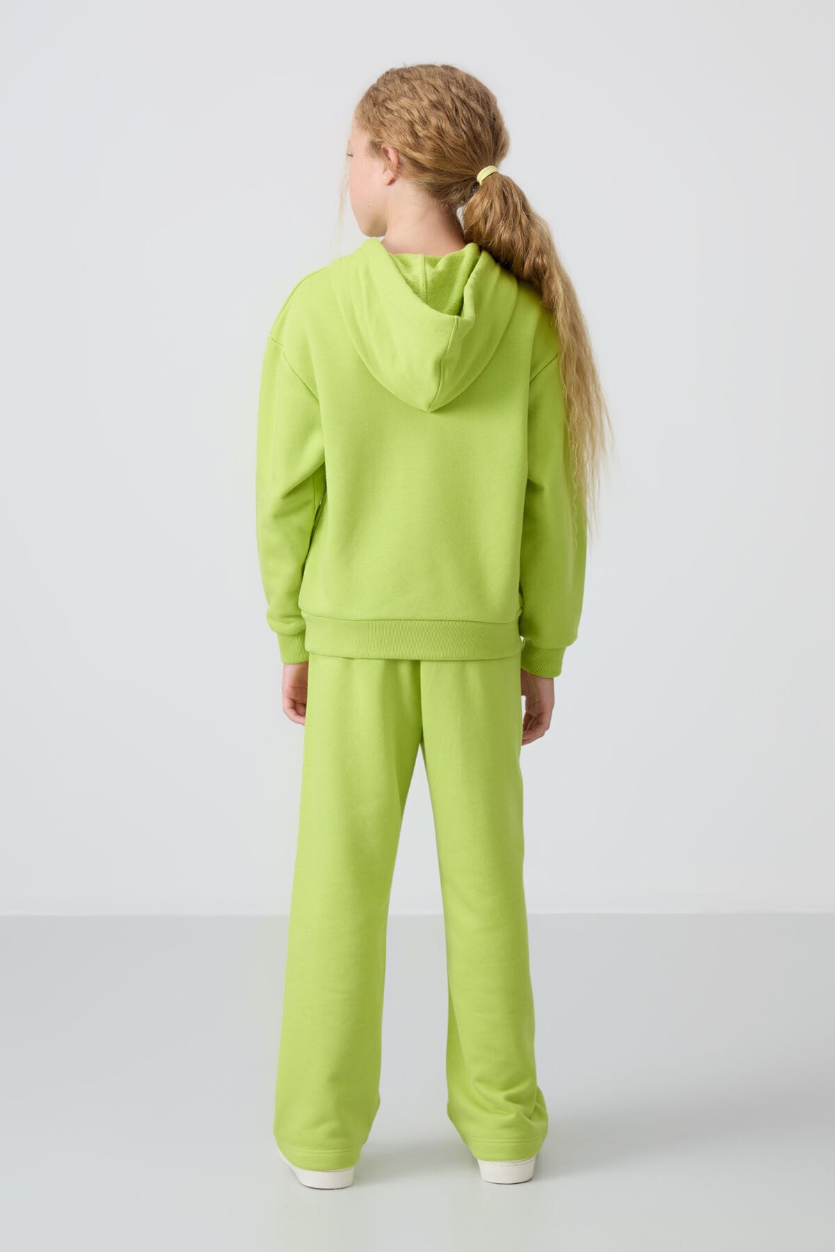 Lime Green Cotton Fleece-Lined Soft Textured Oversize Printed Girls' Tracksuit Set - 75147