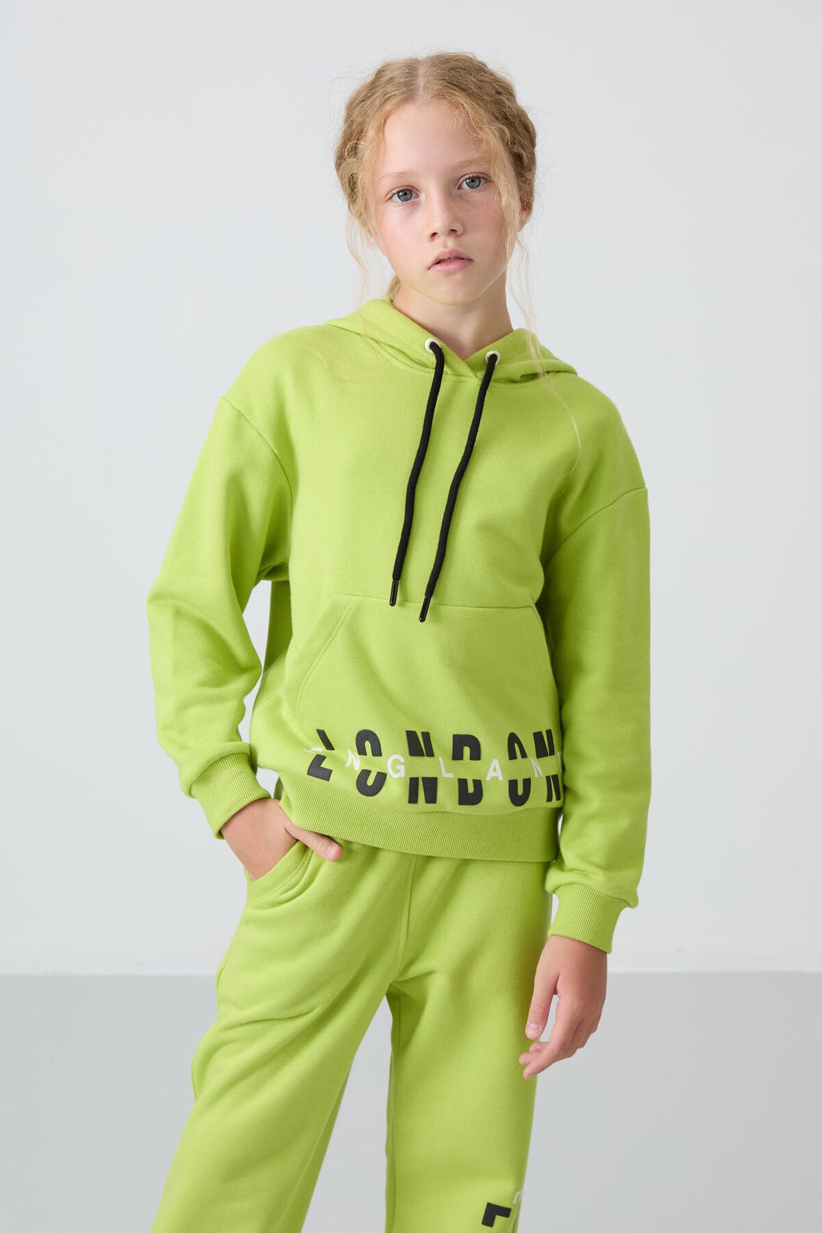 Lime Green Cotton Fleece-Lined Soft Textured Oversize Printed Girls' Tracksuit Set - 75147
