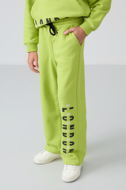 Lime Green Cotton Fleece-Lined Soft Textured Oversize Printed Girls' Tracksuit Set - 75147