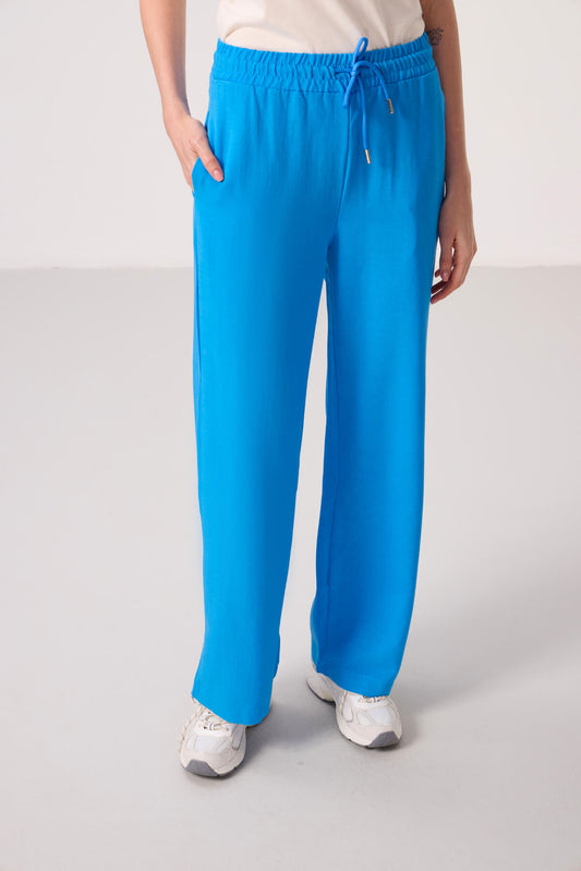 Blue Linen Wide Leg Comfort Fit Women's Palazzo Trousers - 94675