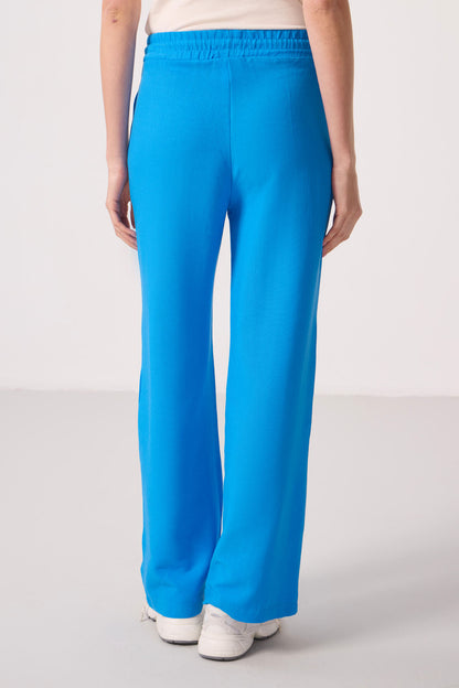 Blue Linen Wide Leg Comfort Fit Women's Palazzo Trousers - 94675