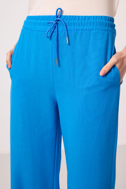 Blue Linen Wide Leg Comfort Fit Women's Palazzo Trousers - 94675