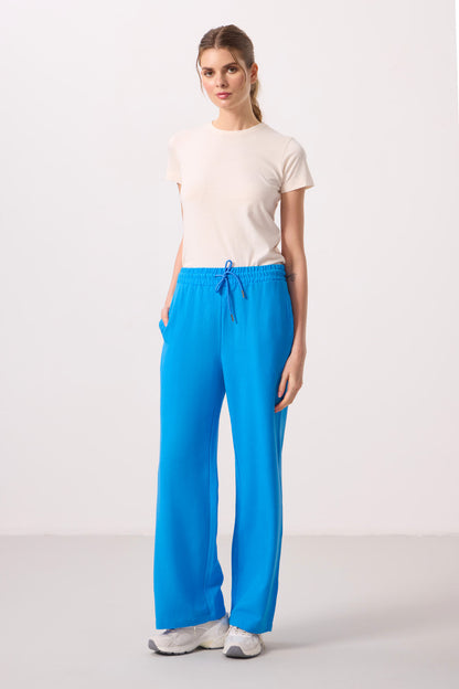 Blue Linen Wide Leg Comfort Fit Women's Palazzo Trousers - 94675