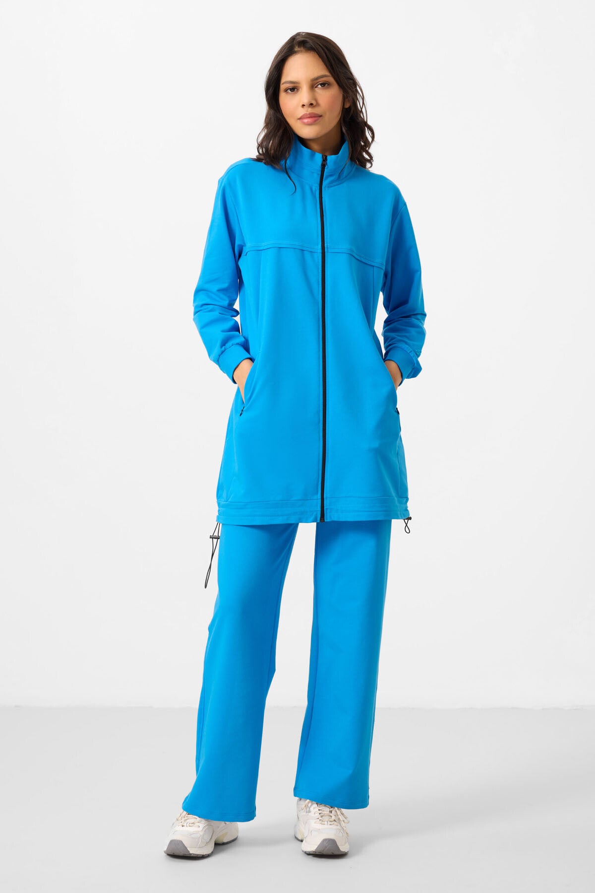 Navy Blue Stand Collar Zippered Cotton Women's Tracksuit Tunic Set - 95346