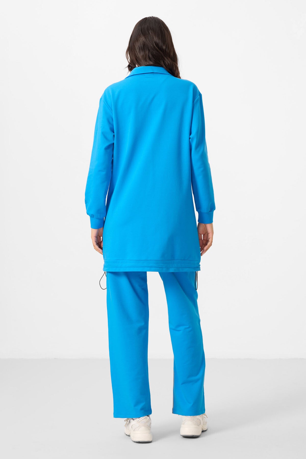 Navy Blue Stand Collar Zippered Cotton Women's Tracksuit Tunic Set - 95346