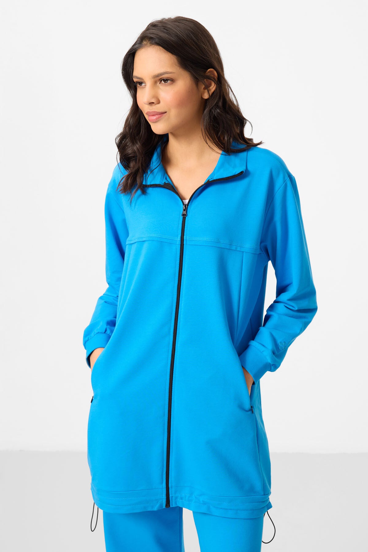 Navy Blue Stand Collar Zippered Cotton Women's Tracksuit Tunic Set - 95346