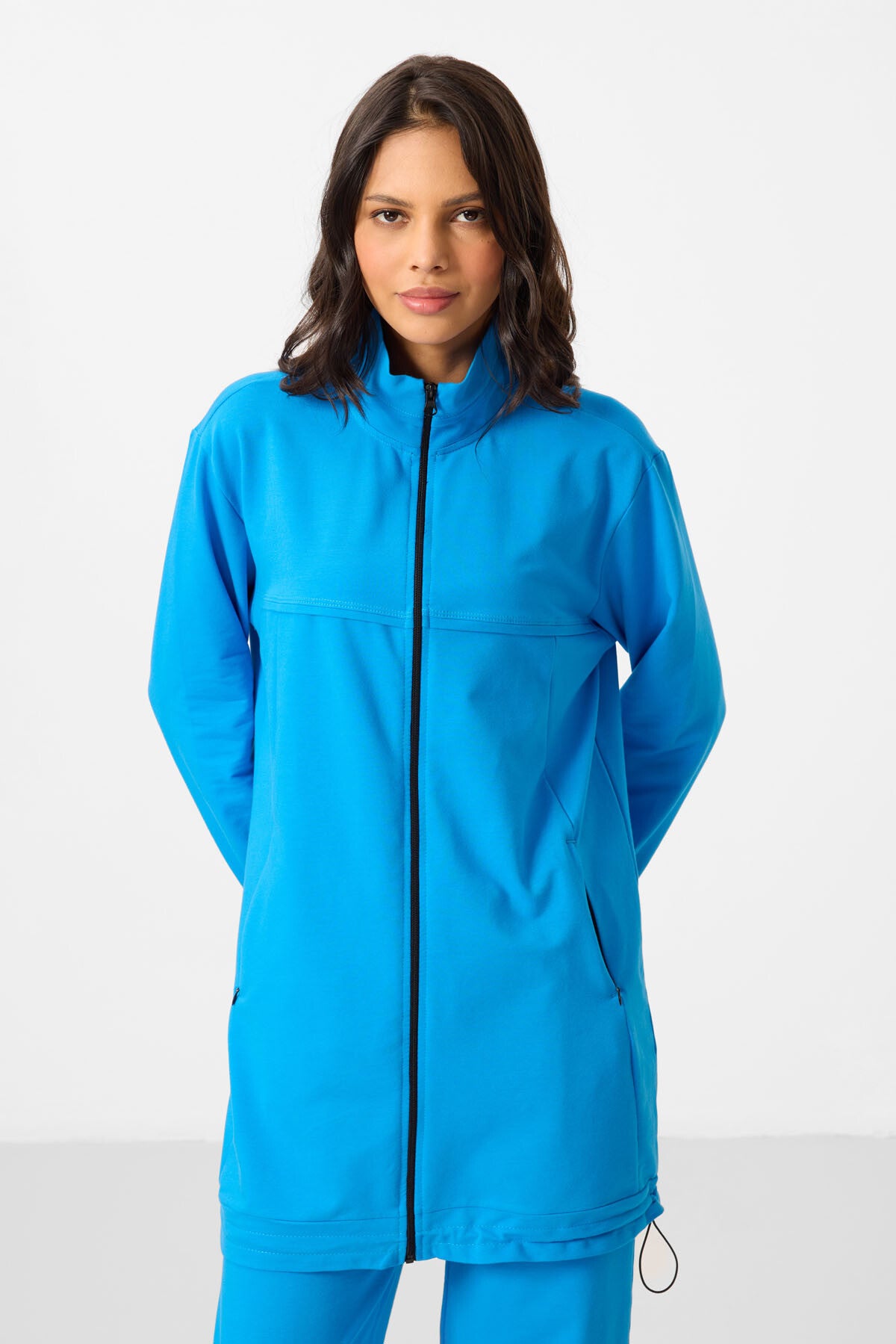 Navy Blue Stand Collar Zippered Cotton Women's Tracksuit Tunic Set - 95346