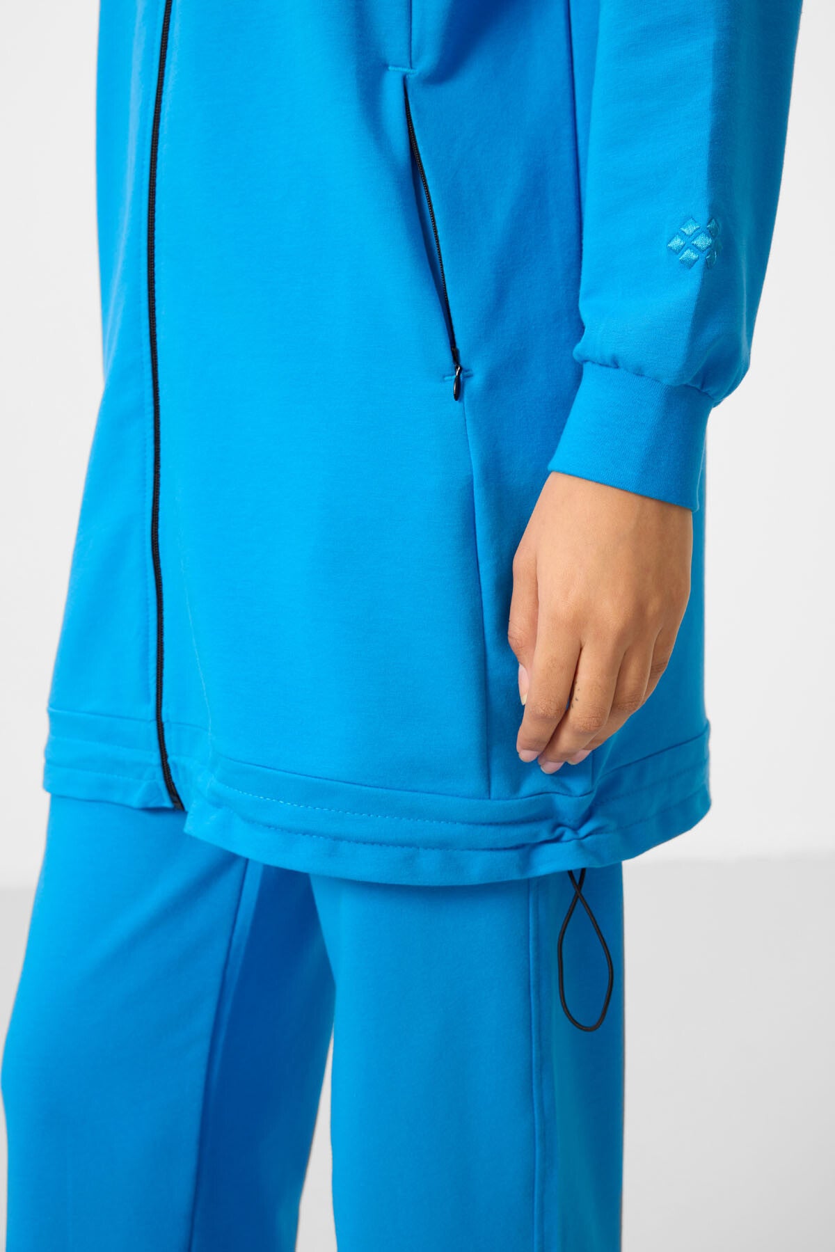 Navy Blue Stand Collar Zippered Cotton Women's Tracksuit Tunic Set - 95346