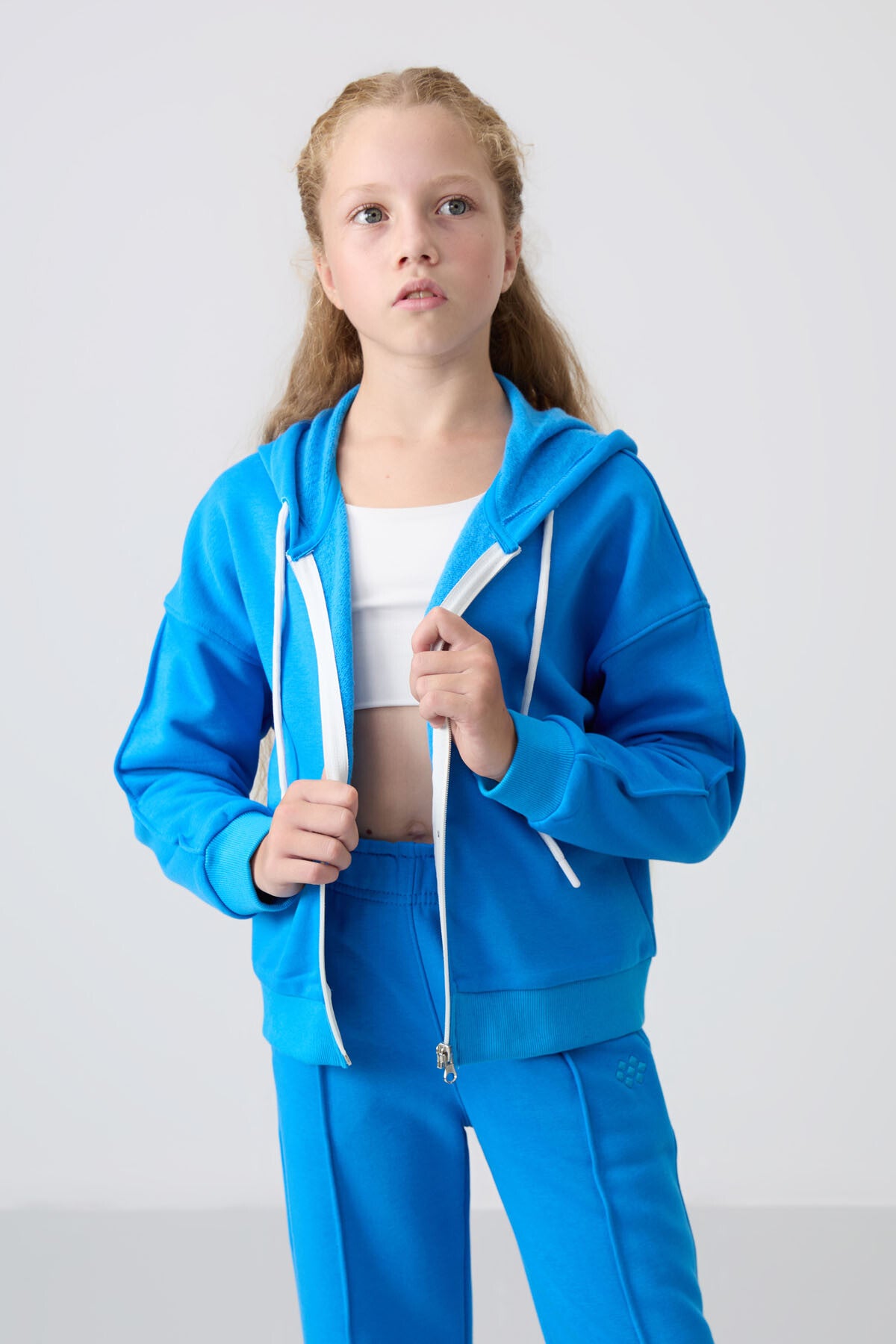 Blue Cotton Fleece-Lined Soft Textured Standard Fit Embroidered Girls' Tracksuit Set - 75161