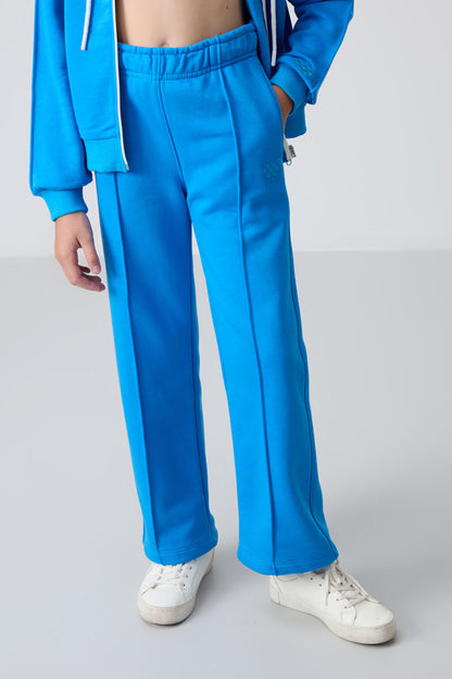 Blue Cotton Fleece-Lined Soft Textured Standard Fit Embroidered Girls' Tracksuit Set - 75161