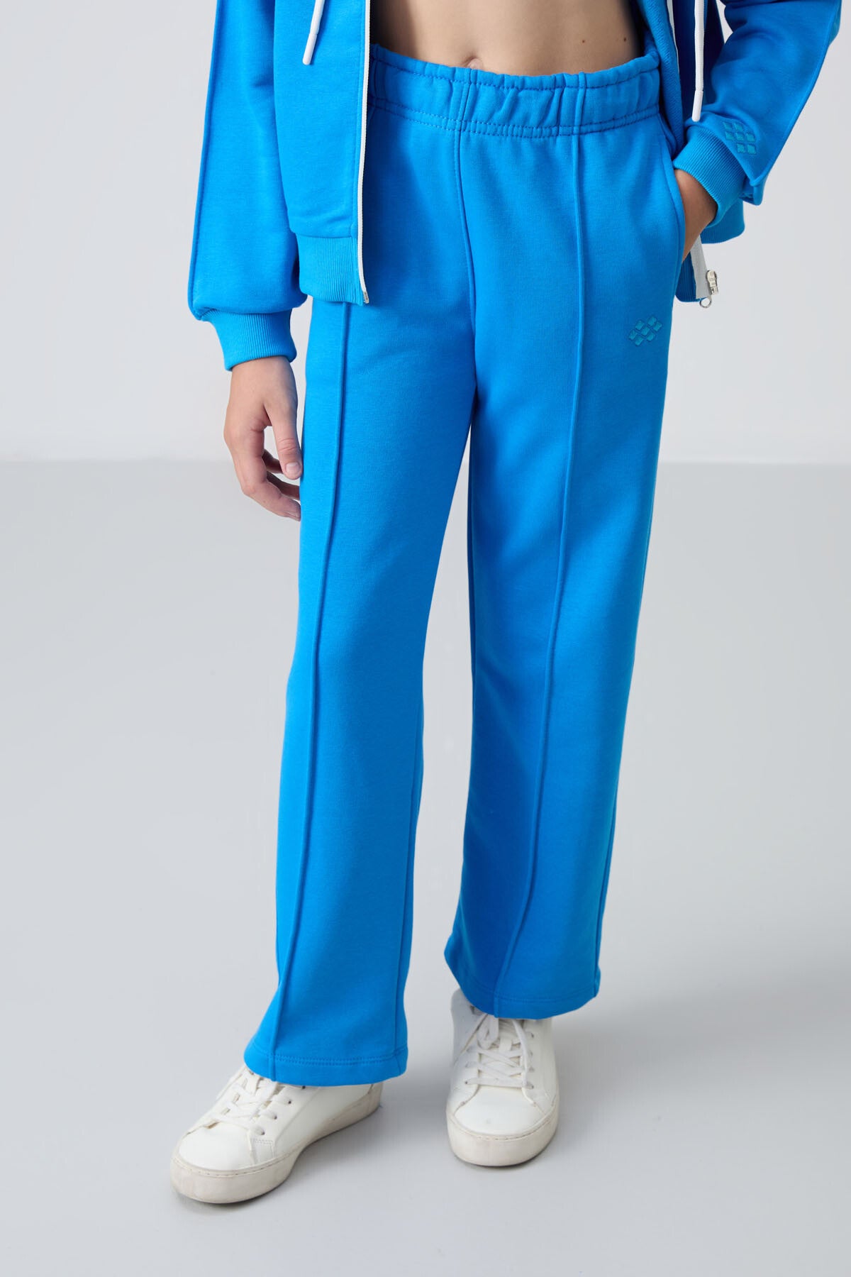 Blue Cotton Fleece-Lined Soft Textured Standard Fit Embroidered Girls' Tracksuit Set - 75161