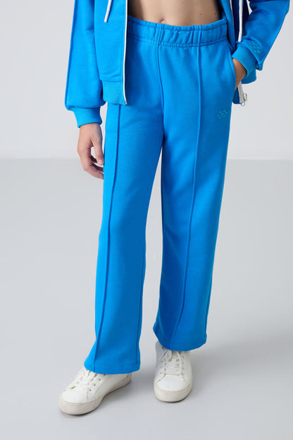 Blue Cotton Fleece-Lined Soft Textured Standard Fit Embroidered Girls' Tracksuit Set - 75161