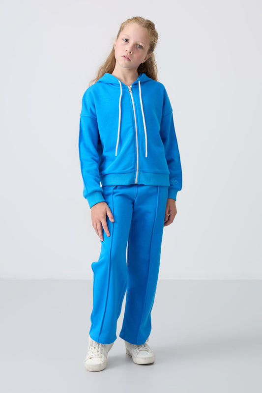 Blue Cotton Fleece-Lined Soft Textured Standard Fit Embroidered Girls' Tracksuit Set - 75161