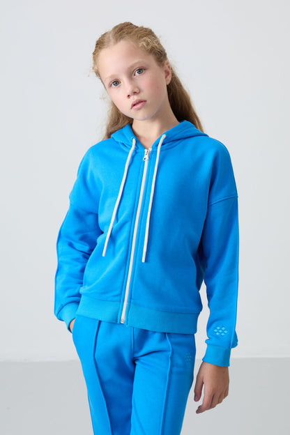 Blue Cotton Fleece-Lined Soft Textured Standard Fit Embroidered Girls' Tracksuit Set - 75161