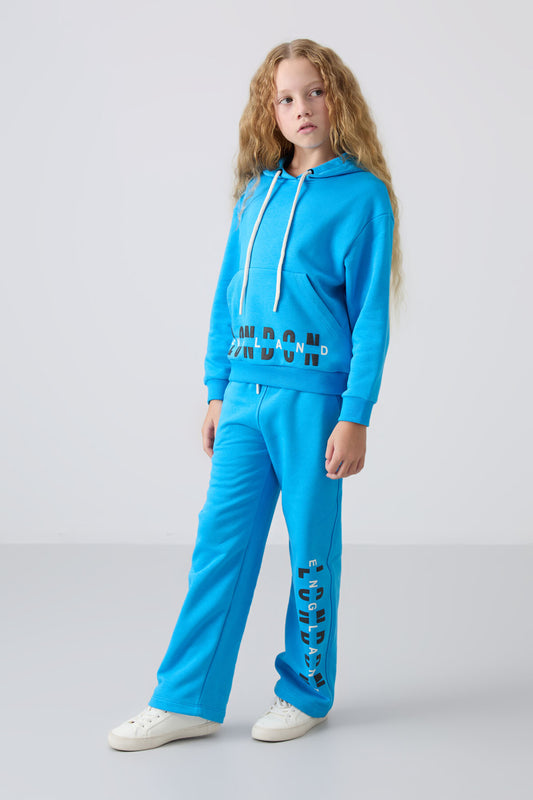 Blue Cotton Fleece-Lined Soft Textured Oversize Printed Girls' Tracksuit Set - 75147