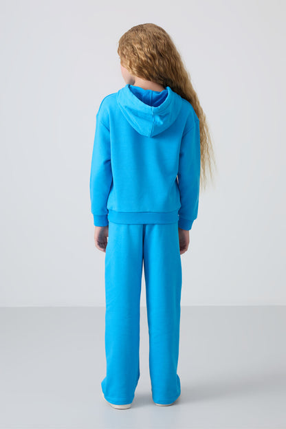 Blue Cotton Fleece-Lined Soft Textured Oversize Printed Girls' Tracksuit Set - 75147