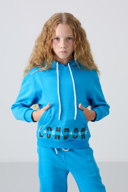 Blue Cotton Fleece-Lined Soft Textured Oversize Printed Girls' Tracksuit Set - 75147